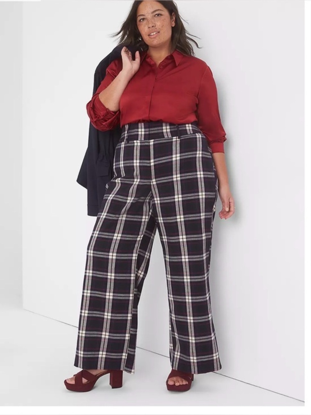 NWT Lane Bryant 24 Long Wide Leg Signature Dress Pants 24L Blue Plaid High Rise
